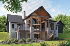 this is an artist's rendering of a house in the woods with stone and wood accents