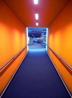 an empty hallway with orange walls and blue carpet