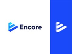 the logo for encore is shown in blue and white, with an arrow on top