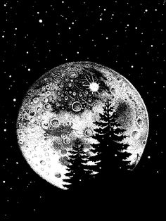 a black and white drawing of trees in the night sky