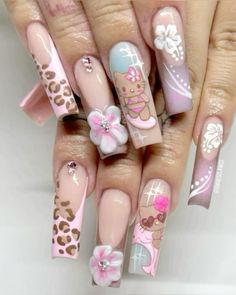 Kawaii Nails Hello Kitty, Cheetah Print Hibiscus Nails, Cheetah Flower Nails, Cheetah Pink Nails, Hello Kitty Beach Nails, Cheetah Hello Kitty Nails, Tan Hello Kitty Nails, Hawaii Hello Kitty Nails, Hello Kitty Summer Nails