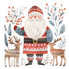 a watercolor painting of santa and his reindeers