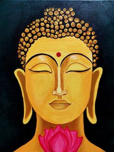 a painting of a buddha face with a pink flower in front of it's eyes