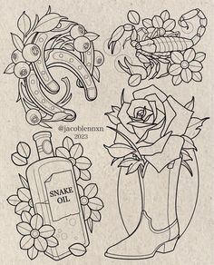 some drawings of flowers and bottles with the words save oil written on them in black ink