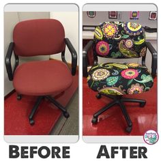 before and after photo of an office chair upholstered with colorful fabric on the back