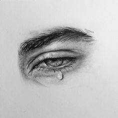 a pencil drawing of an eye with water drop on it's irise and tear