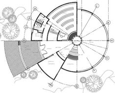 a drawing of a circular structure with several sections labeled in black and white, on top of