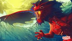 a red and black dragon is in the middle of a blue ocean with lightning behind it