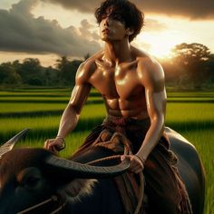 a shirtless man riding on the back of a cow in front of a lush green field