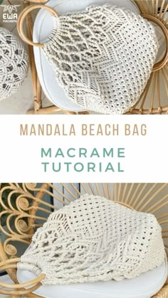 the instructions for making a crocheted beach bag with white yarn and bamboo handles