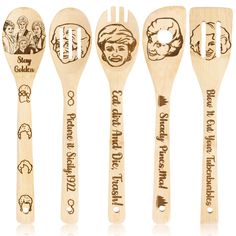 six wooden spoons with disney characters on them