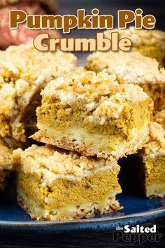 pumpkin pie crumble bars stacked on top of each other with text overlay