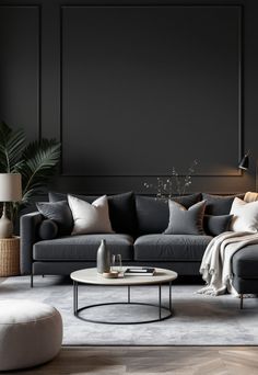 Dark Grey Couch Living Room Ideas Dark Wall With Dark Furniture, Gray Velvet Sofa Living Room Ideas, Charcoal Velvet Sofa, Dark Grey Velvet Sofa Living Room Ideas, Grey Sofa Grey Walls, Modern Living Room Grey Walls, Living Room Charcoal Couch, Grey And White Living Room Ideas Modern, Dark Wall Living Room Ideas