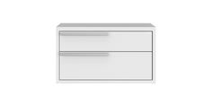 a white cabinet with two drawers on the front and one drawer in the back, against a white background