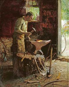 a painting of a man working on a piece of wood