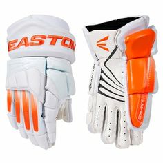 an orange and white lacrosse goalie glove with the word easton on it's left hand