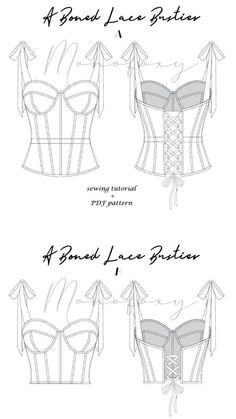 the front and back views of a corset with laces on it, as well as instructions for how to sew