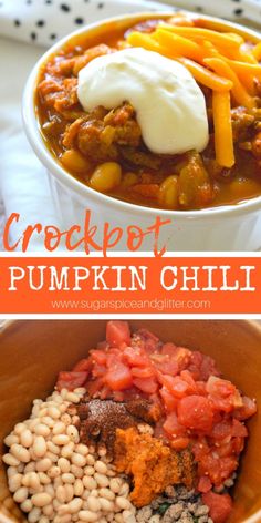 crockpot pumpkin chili with beans, corn and sour cream in it is the perfect fall meal