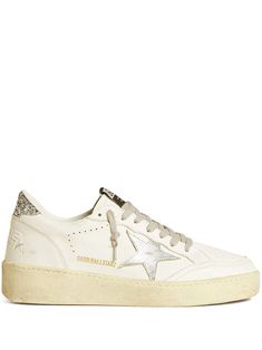 white/silver-tone leather smooth grain laminated finish panelled design distressed effect front lace-up fastening contrasting branded heel counter glitter detailing perforated detailing signature star patch to the sides logo patch at the tongue perforated toebox round toe branded insole contrasting rubber sole Golden Goose Midstar Bold, Golden Goose Ball Star Women, Golden Goose Sky Star, Golden Goose Gold Glitter, Golden Goose Metallic Sneakers, Golden Goose Deluxe Brand, Chanel 2, Loafer Mules, Iconic Bags