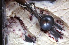 a scoop of ice cream sitting on top of a pan