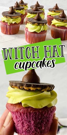 a hand holding up a cupcake with green frosting and chocolate on top that says witch hat cupcakes