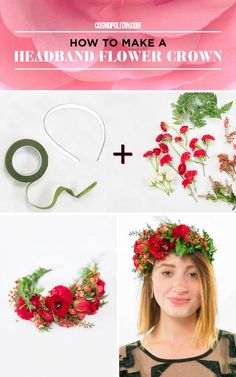 the instructions for how to make a headband flower crown with flowers and greenery