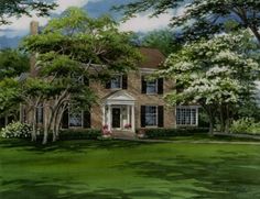 a painting of a house with trees in the front yard