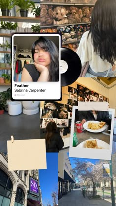 a collage of photos with the caption'featherer'on it, and an image of a woman sitting in front of a record player