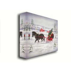 two christmas canvases with horses pulling a sleigh in the snow and trees