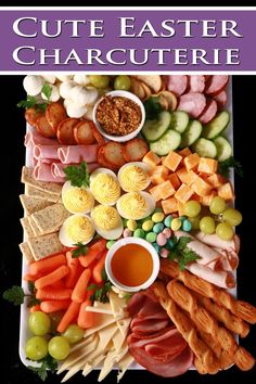 A cute, pastel-coloured Easter charcuterie board, with ham, turkey, cheeses, mini easter eggs, bread sticks, and more. Easter Charcuterie Board, Easter Charcuterie, Healthy Recipes For Diabetics, Charcuterie Platter, Perfect Appetizers, Easter Brunch, Party Food Appetizers