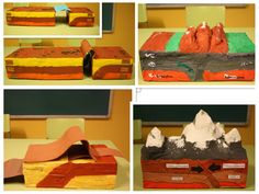 four different views of an object made out of clay and paper machs with mountains on them