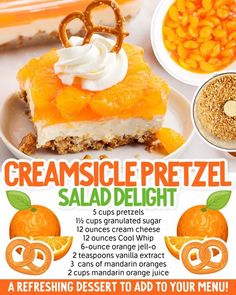 an advertisement for a frozen dessert with oranges and pretzels on the side