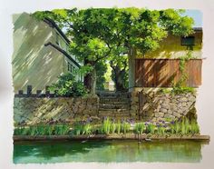 a painting of a house next to a river with trees and flowers growing on it