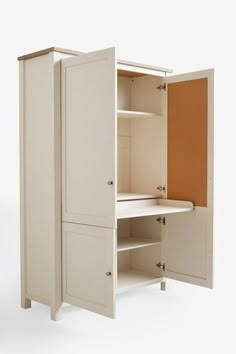 a white cabinet with an open door on the top and bottom shelf is shown against a white background