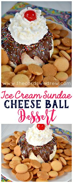 two pictures with different types of desserts on them and the words ice cream sundae cheese ball desert