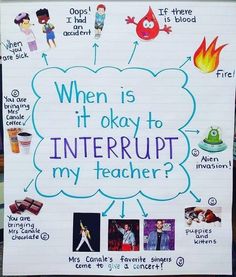 a poster with words written on it that says, when is it okay to interrupt my teacher?