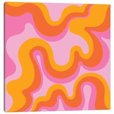 an abstract painting in pink, orange and yellow with wavy lines on the bottom half of it