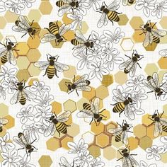 bees and honeycombs on a white background with yellow, black and gray colors