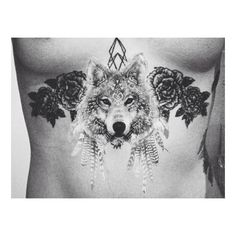 a black and white photo of a wolf with feathers on it's back chest