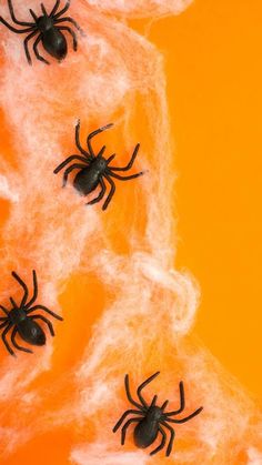 three black spideres on orange background with white fluffy yarn and cotton balls in the foreground