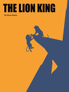 the lion king is shown on an orange and blue background with a silhouette of a man holding