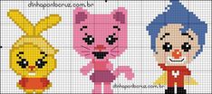 three cartoon characters made out of pixel pixels, each with different colored hair and makeup