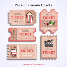 four movie ticket templates with popcorn, drink and film tickets on the top one