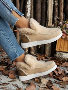 2024 New Flat Short Boots With Thick Lining, Slip-On Slip-On Warm Women Shoes, Casual All-Match Furry Shoes, Round Toe Comfortable Warm Boots, Student Shoes, Winter Women Shoes Khaki         Women Shoes, size features are:Bust: ,Length: ,Sleeve Length: Warm Shoes, Fur Boots, Flat Sneakers, Sherpa Lined, Winter Shoes, Sweater Sleeves, Shoes Winter, Qatar, Snow Boots