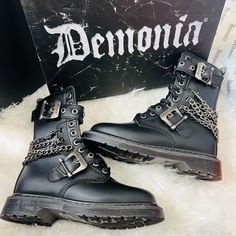 Nib Demonia Death Row Silver Chain Combat Boots [Bolt-250] Size Women’s 6/Men’s 4 New In Box !!Sold Out!!! Mid-Calf, 1 1/4" Heel. Too Small, Too Much To Ship Back Price Is Firm, Just Trying To Make Back What I Lost Seriously Heartbroken. I Know These Will Go To A Great Home Though! Goth Alt Dolls Kill Demonia Combat Boots Tripp Nyc Royal Bones Lip Service Killstar Disturbia Punk Rock Rocker Goth Core Pastel Kawaii Hot Topic Moto Boots Chains Alt Clothing Style, Goth Boots Men, Goth Sneakers, Combat Boots Aesthetic, Choso Cosplay, Emo Boots, Alt Shoes, Rave Shoes, Combat Shoes