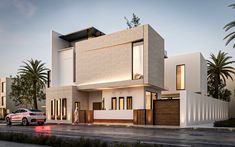 a car is parked in front of a modern house