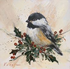 a painting of a bird on a branch with berries