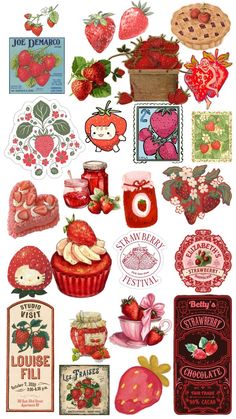 an assortment of fruit stickers are shown in this image, including strawberries and strawberrys