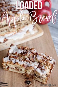 an apple bread is cut in half on a cutting board with the title above it