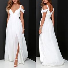 two photos of a woman wearing a white dress with thigh high slits and open shoulders